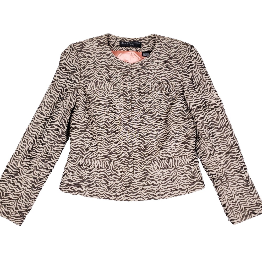 Dana Buchman Jacket Animal‎ Print Cropped Blazer Petite 8 Brown Beige Chic